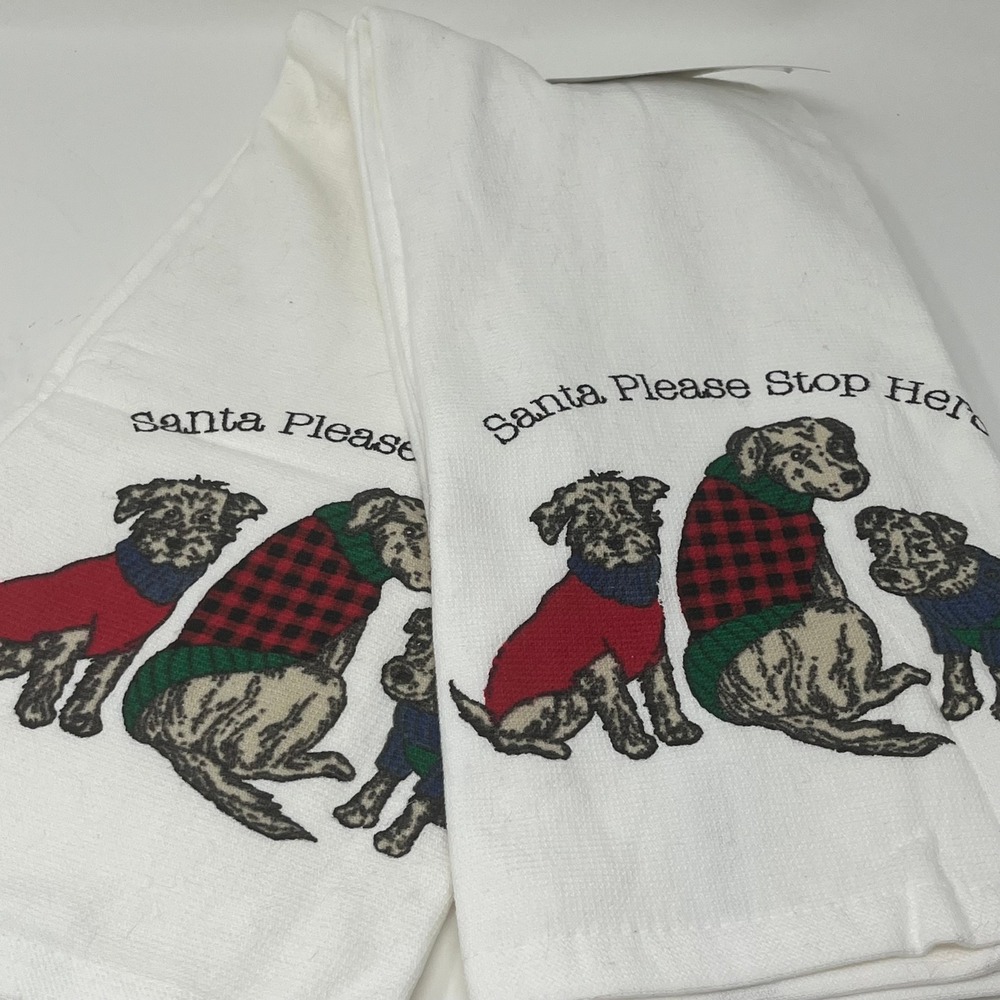 Bella Lux Christmas Kitchen Towels Dogs Santa Please Stop Here Set of 2 Holiday